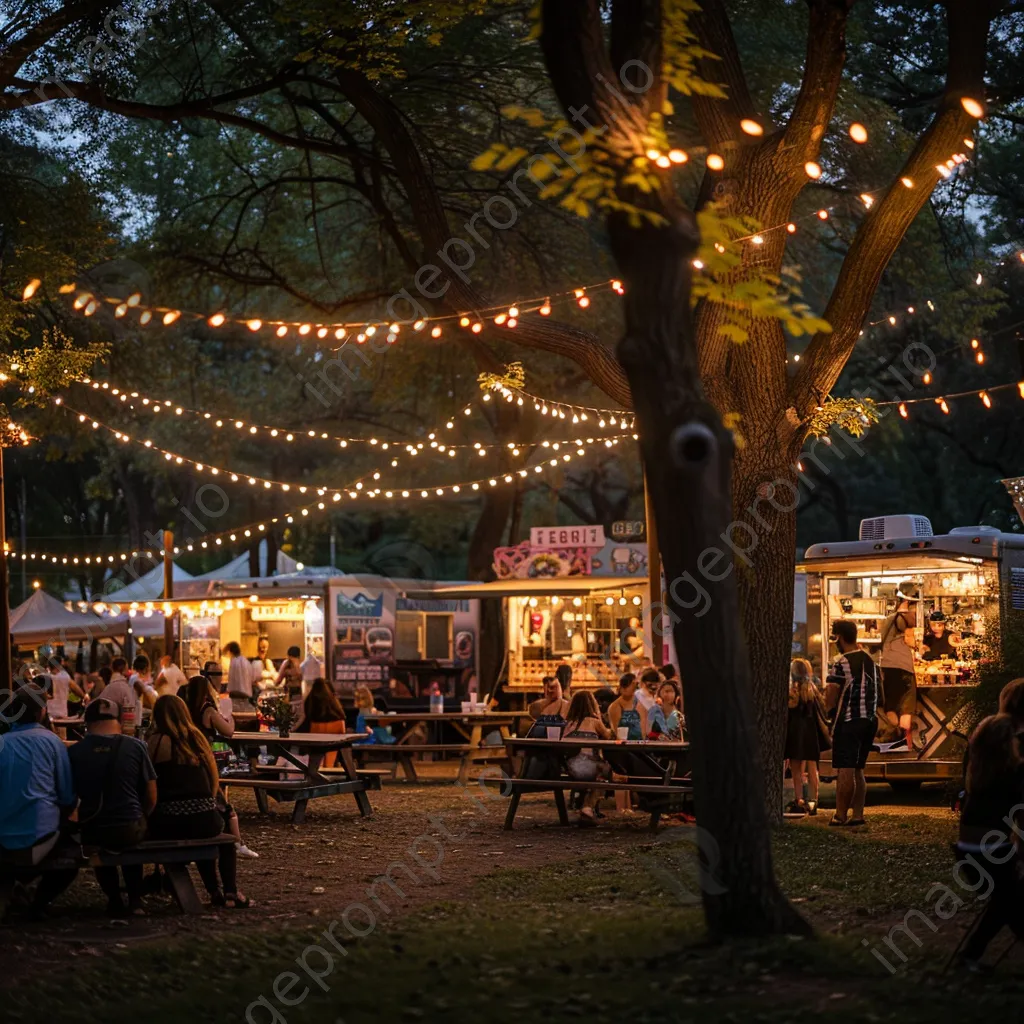 Families enjoying food festival with food trucks in city park - Image 1