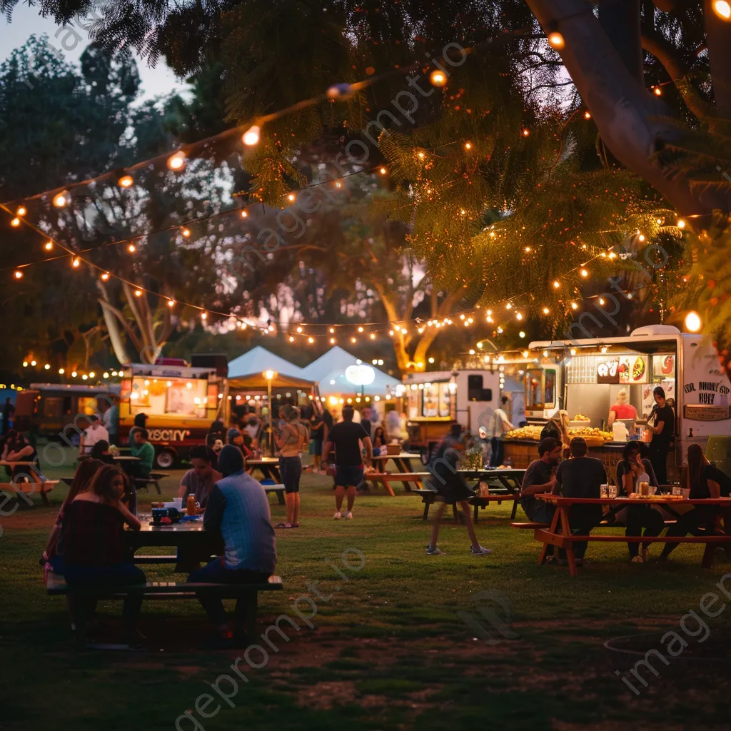 Families enjoying food festival with food trucks in city park - Image 4