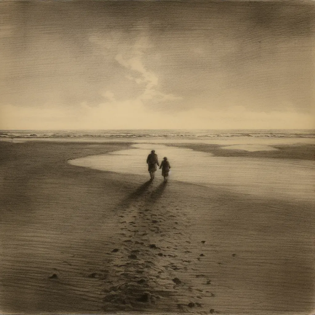 Image of a couple walking hand in hand on a beach with mingling footprints - Image 3