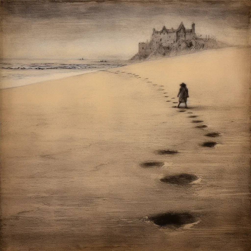 Image of a couple walking hand in hand on a beach with mingling footprints - Image 4