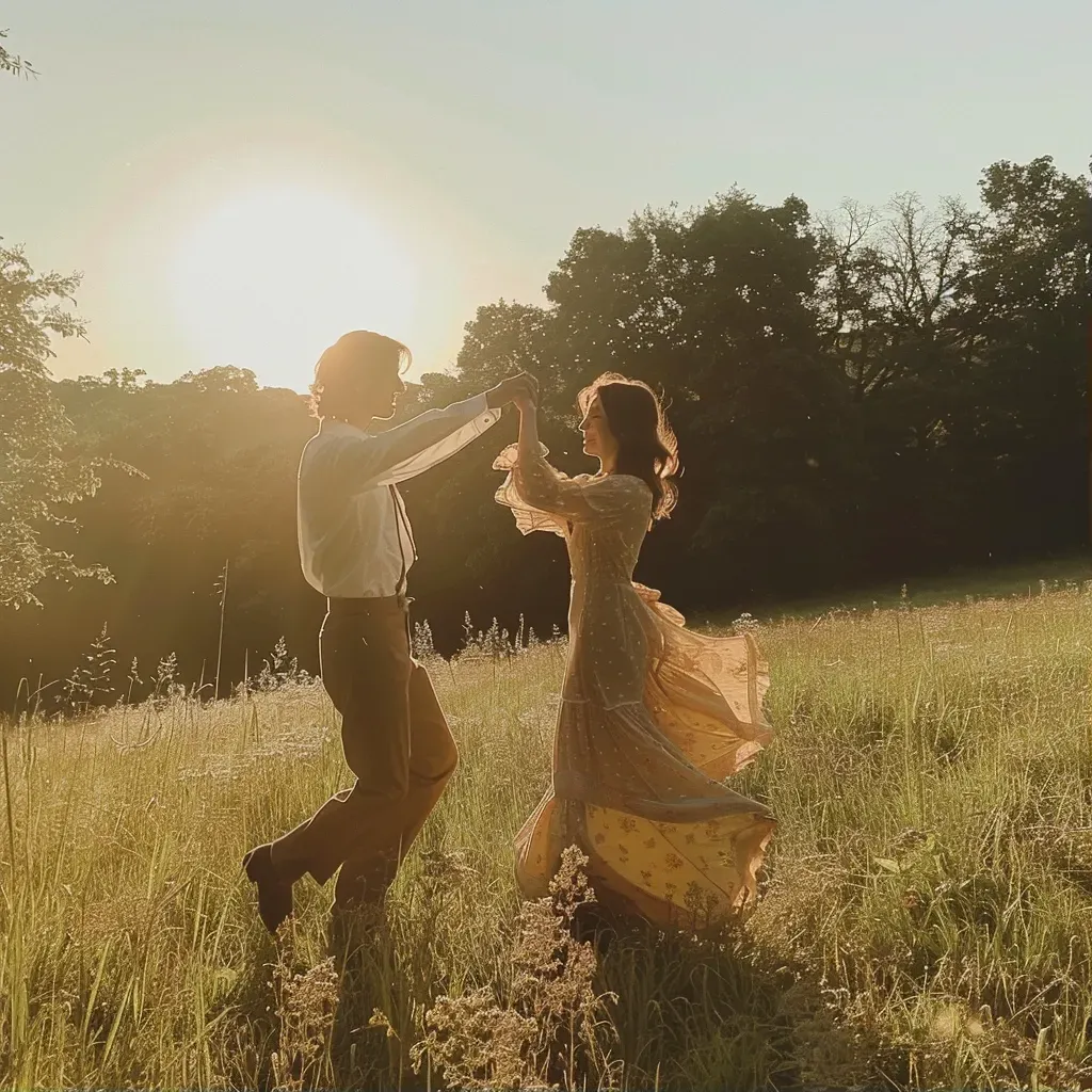 A young couple dancing in a sunlit field - Image 1