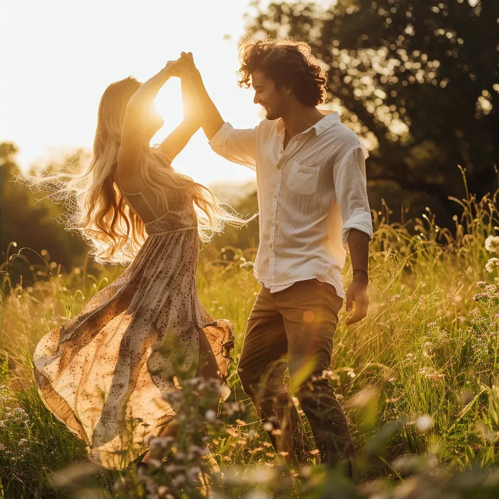 A young couple dancing in a sunlit field - Image 2