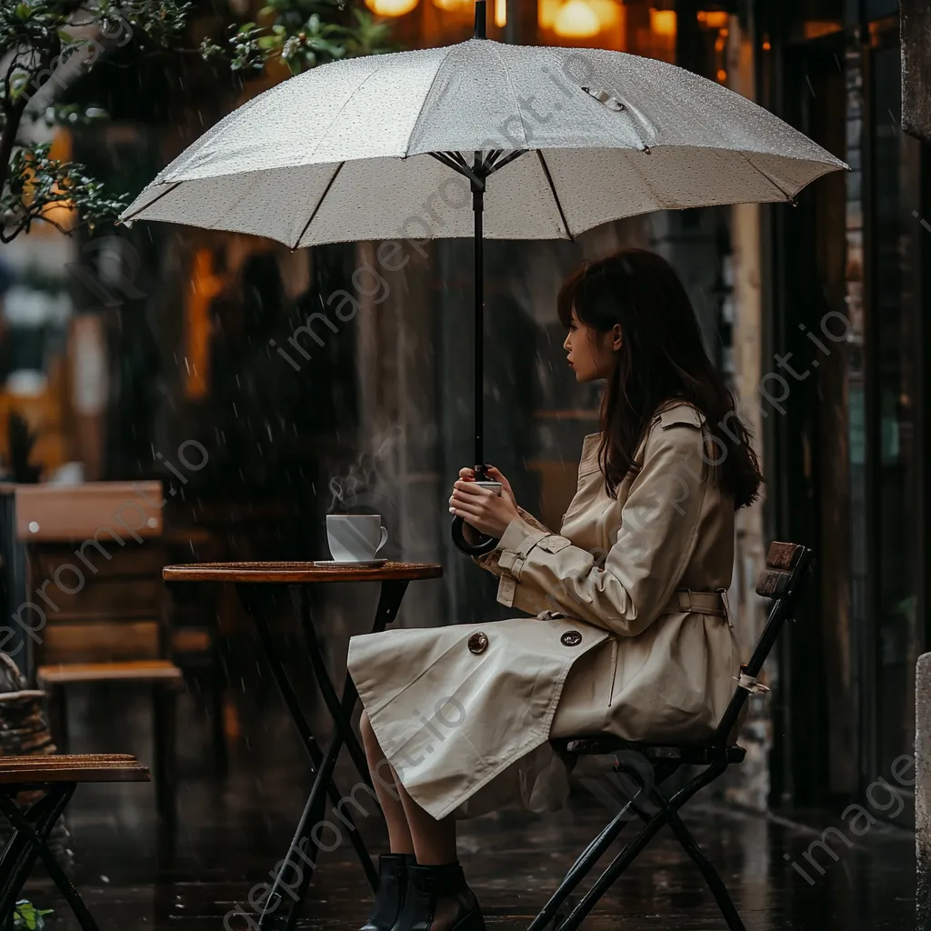 Woman sitting at cafe with umbrella and coffee in the rain - Image 1