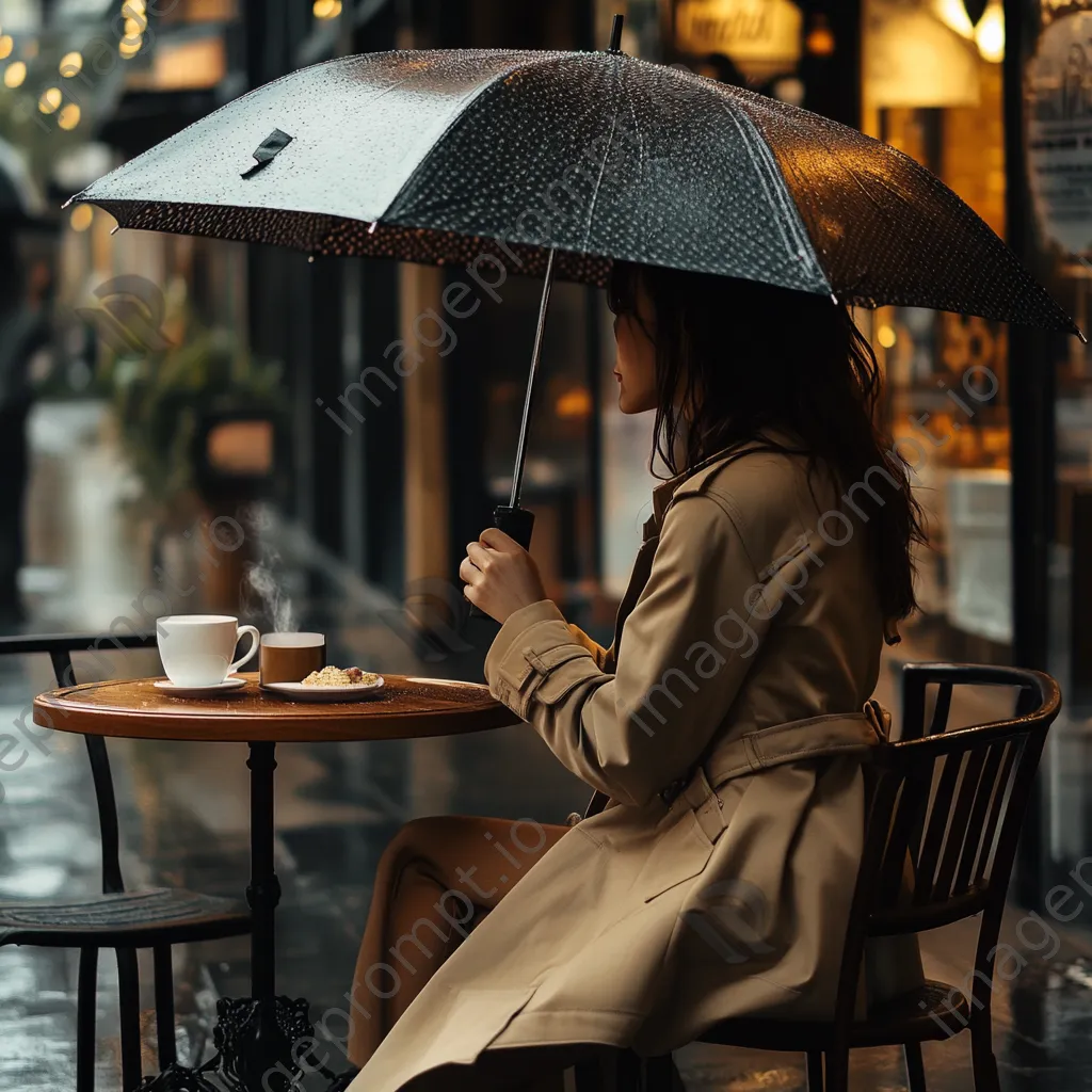 Woman sitting at cafe with umbrella and coffee in the rain - Image 2