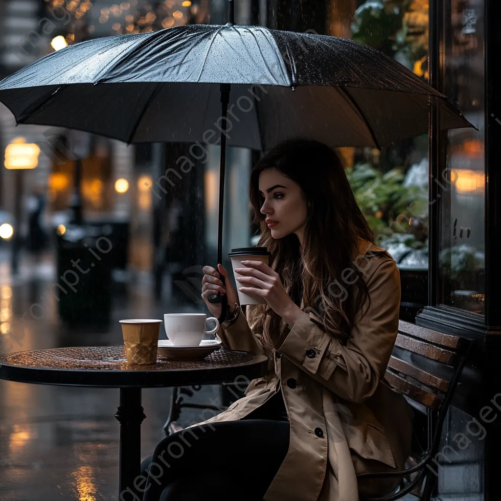 Woman sitting at cafe with umbrella and coffee in the rain - Image 4