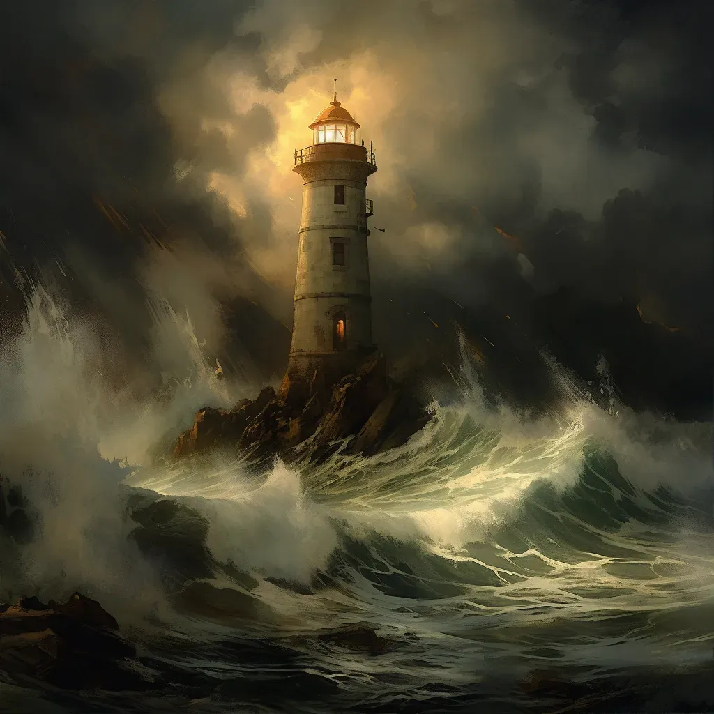 Old, weathered lighthouse standing alone against a stormy sea, lit by a flash of lightning - Image 1