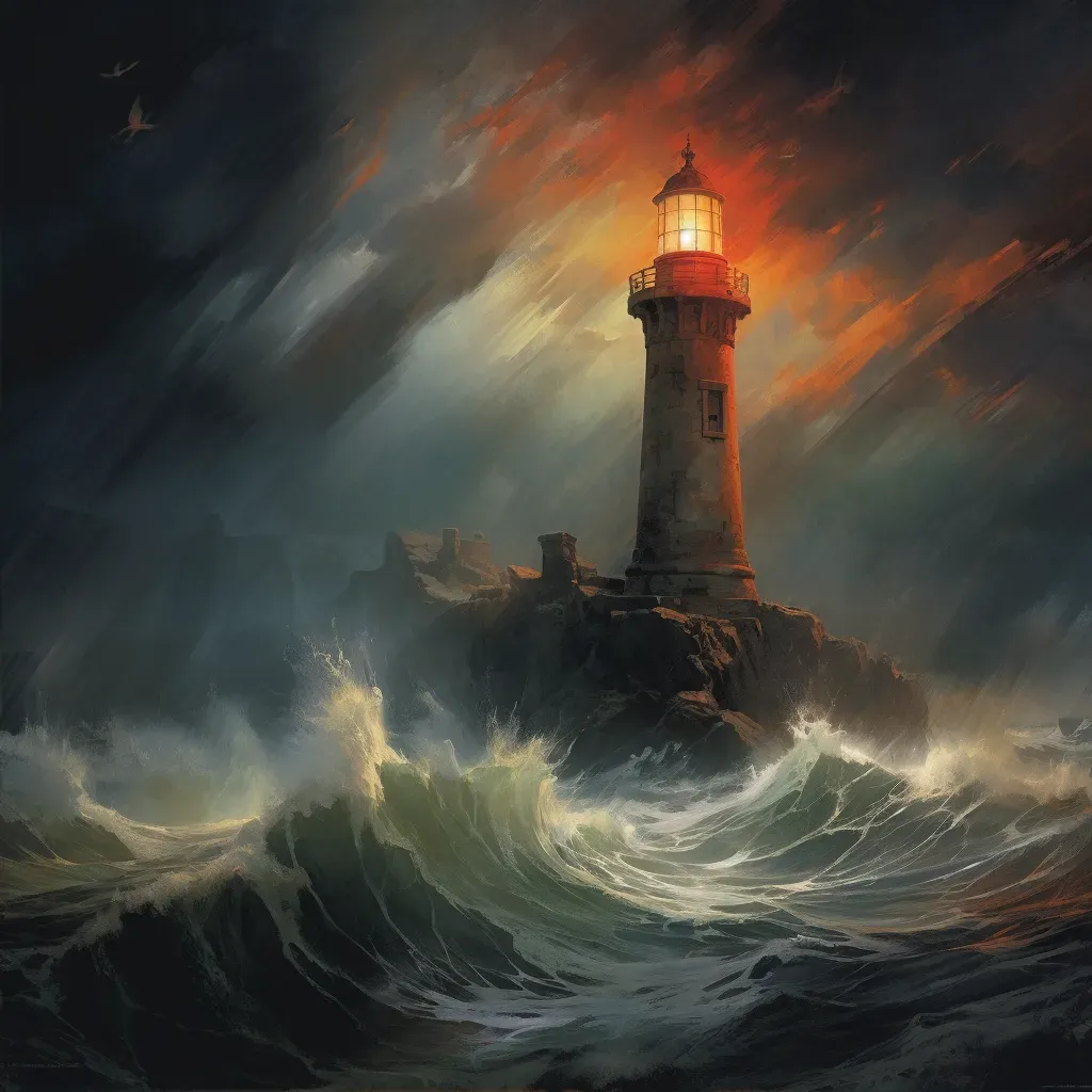 Old, weathered lighthouse standing alone against a stormy sea, lit by a flash of lightning - Image 2