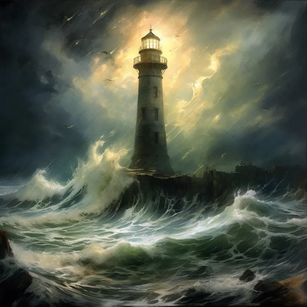 Old, weathered lighthouse standing alone against a stormy sea, lit by a flash of lightning - Image 3