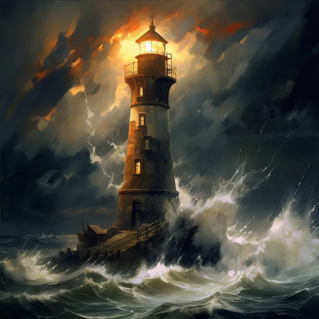 Old, weathered lighthouse standing alone against a stormy sea, lit by a flash of lightning - Image 4