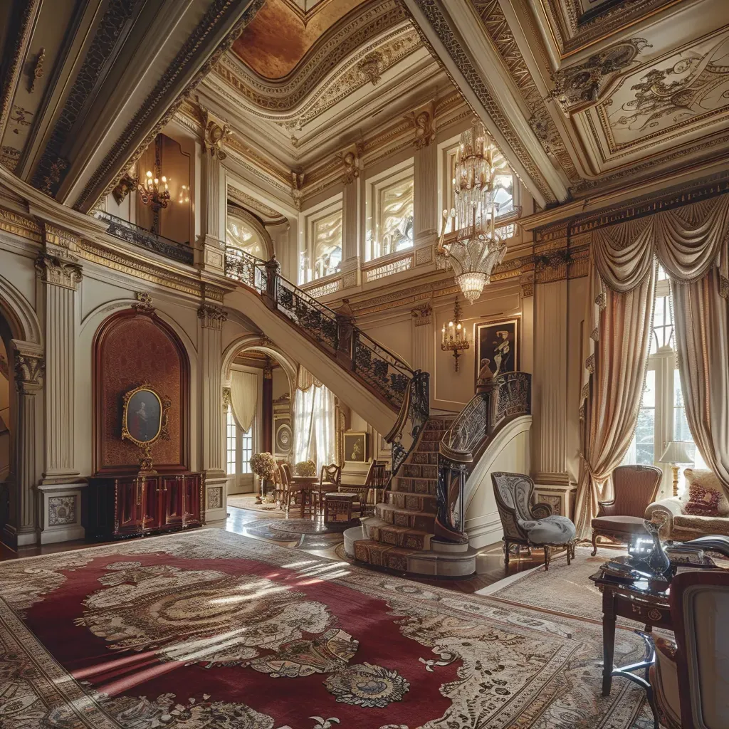 Gilded Age mansion interior with grand staircase and ornate furnishings in soft light - Image 2