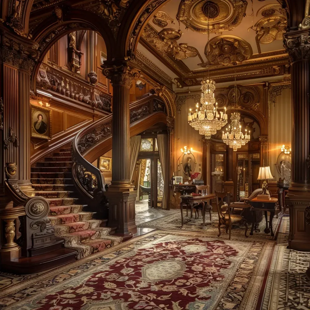 Gilded Age mansion interior with grand staircase and ornate furnishings in soft light - Image 4