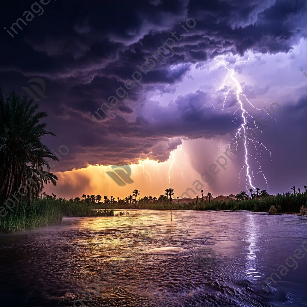 Thunderstorm over desert oasis with rain and lightning - Image 1