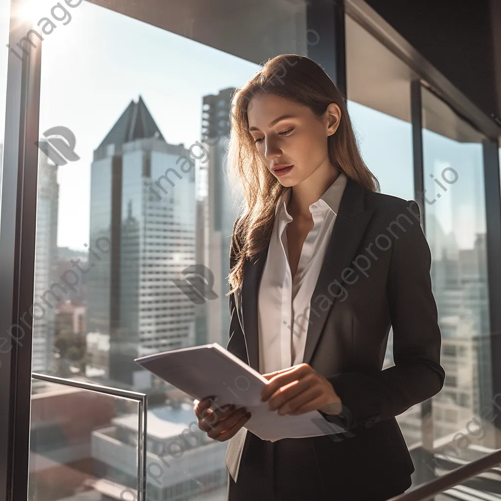 Businesswoman analyzing documents by the window - Image 2