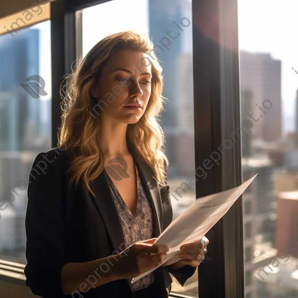 Businesswoman analyzing documents by the window - Image 3