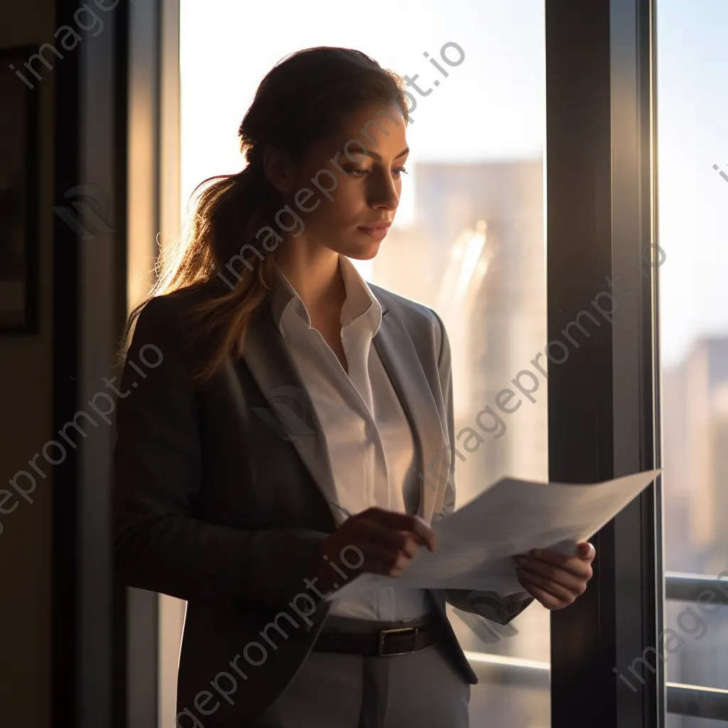 Businesswoman analyzing documents by the window - Image 4