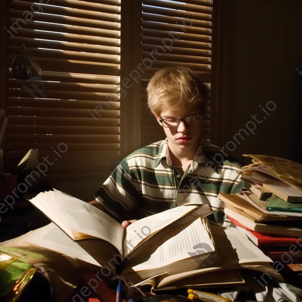 Student studying intently with scattered books and sunlight. - Image 1