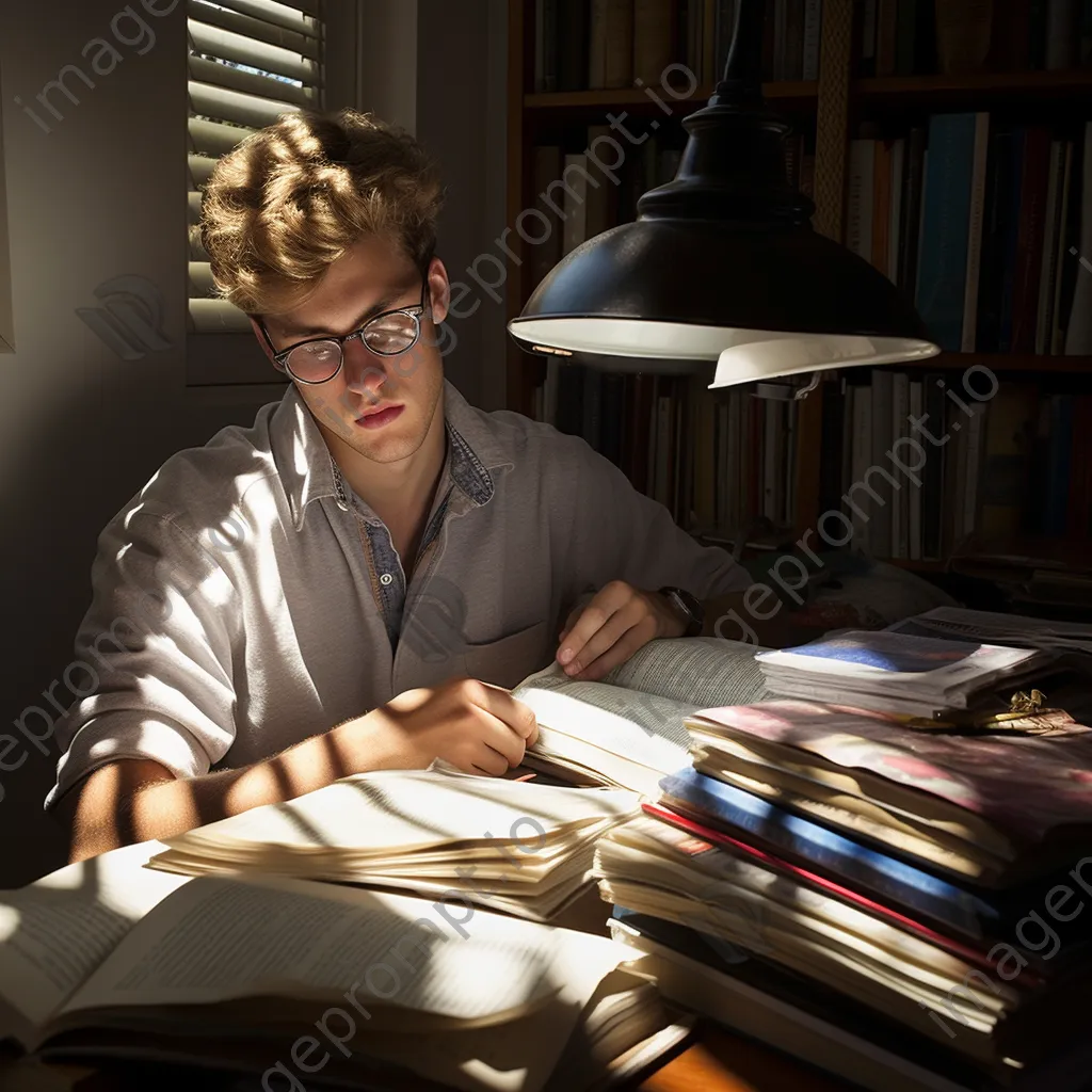 Student studying intently with scattered books and sunlight. - Image 3