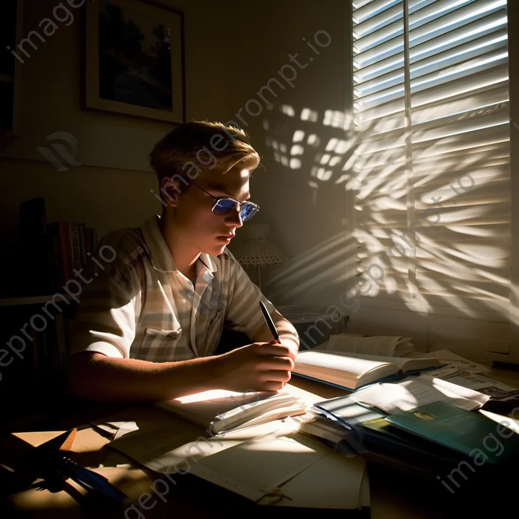 Student studying intently with scattered books and sunlight. - Image 4