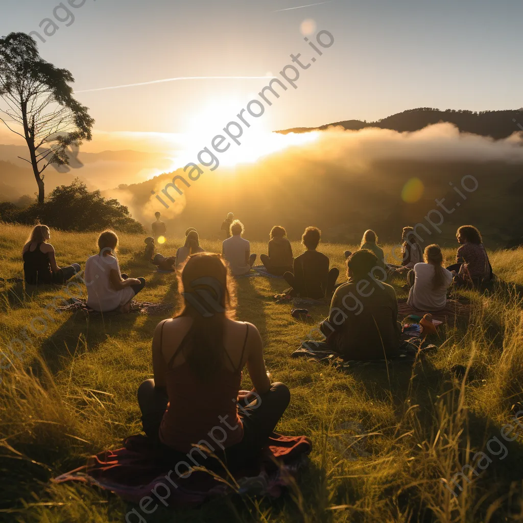 Yoga instructor leading class at sunrise on a hilltop. - Image 1