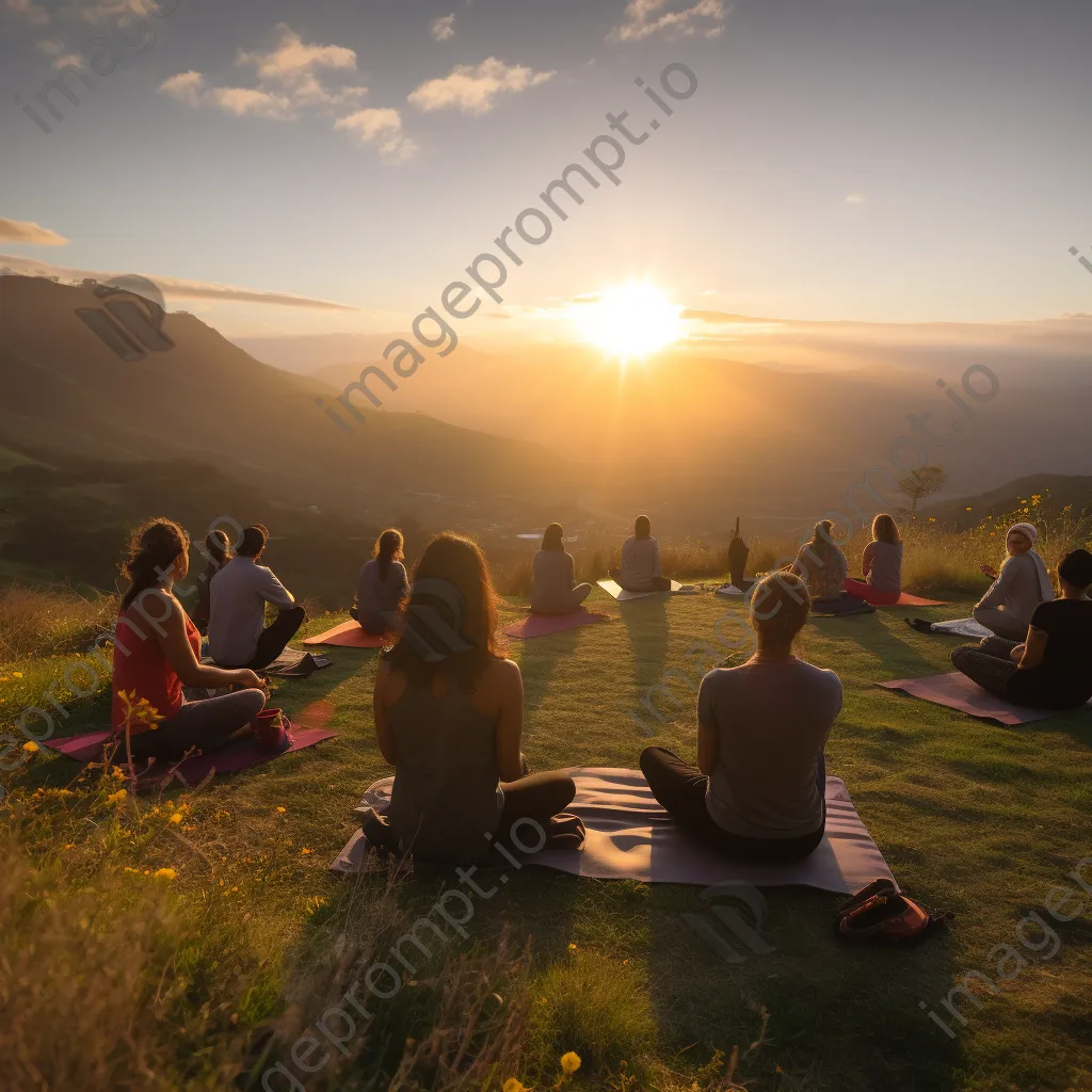 Yoga instructor leading class at sunrise on a hilltop. - Image 2