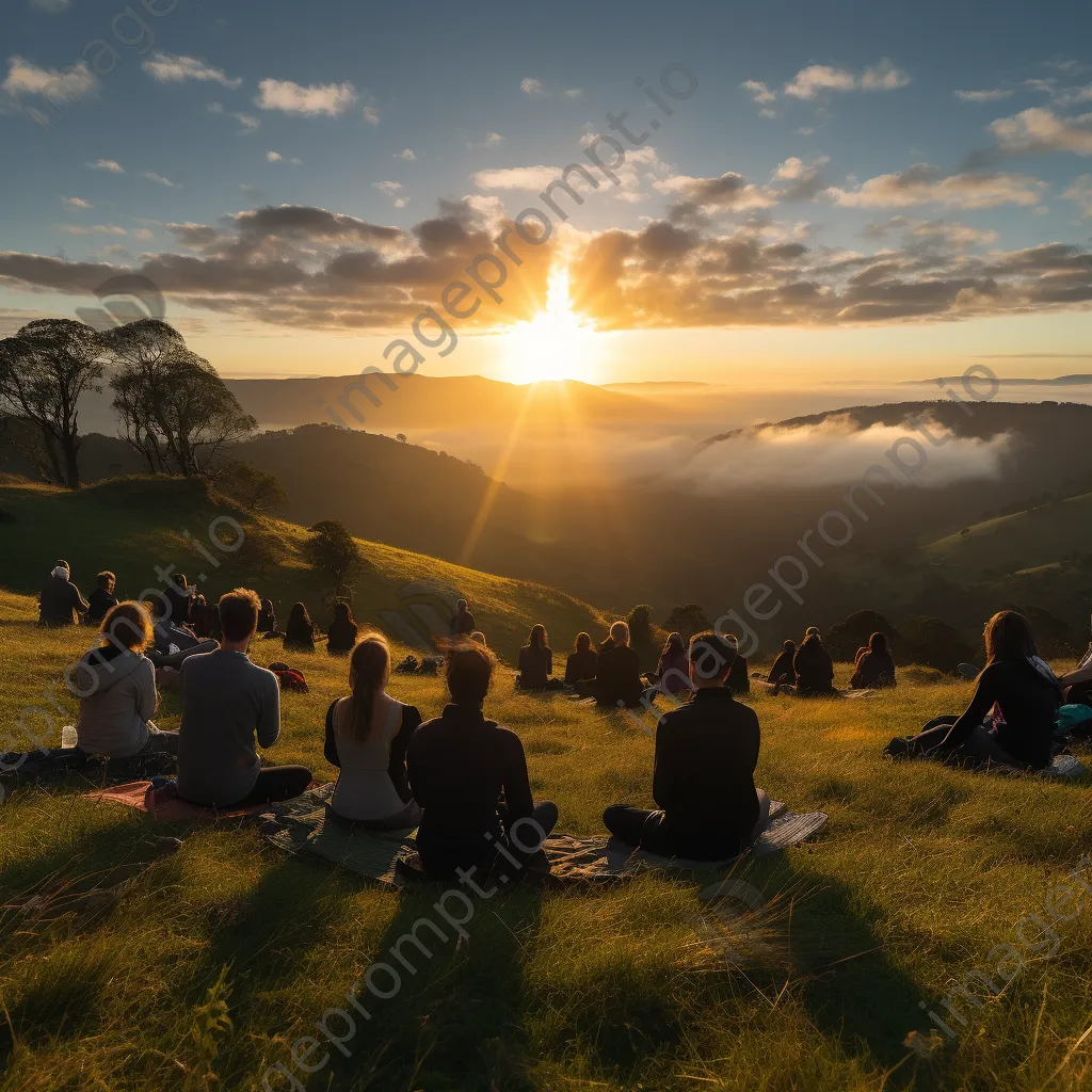 Yoga instructor leading class at sunrise on a hilltop. - Image 3