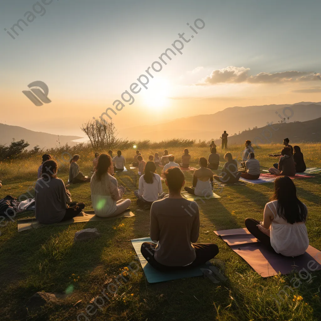 Yoga instructor leading class at sunrise on a hilltop. - Image 4