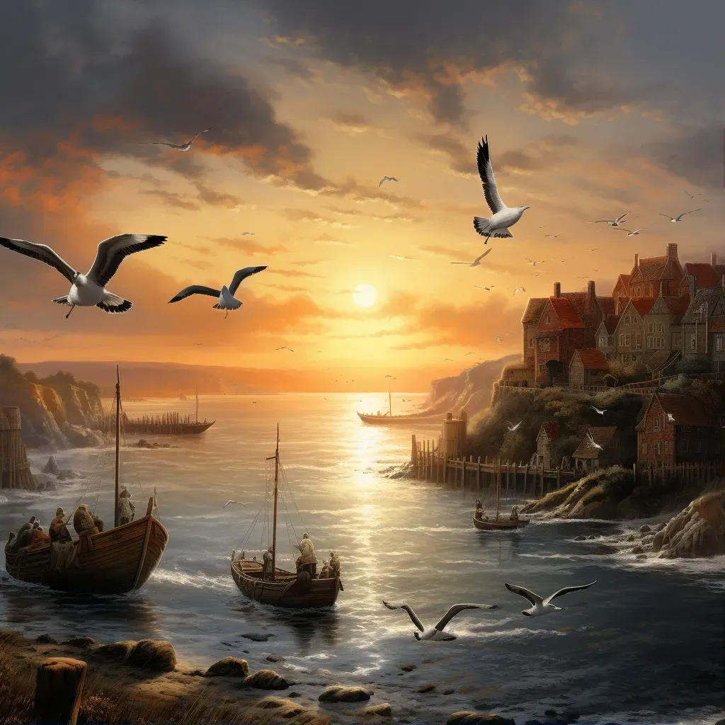 Picture of a small fishing boat returning to a quaint seaside village at dawn with seagulls flying nearby - Image 1