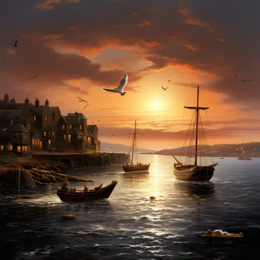 Picture of a small fishing boat returning to a quaint seaside village at dawn with seagulls flying nearby - Image 2