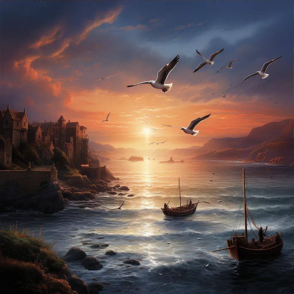 Picture of a small fishing boat returning to a quaint seaside village at dawn with seagulls flying nearby - Image 3