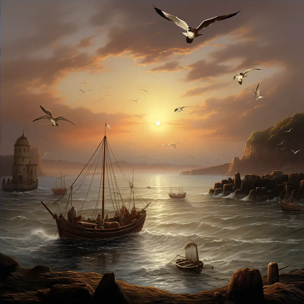 Picture of a small fishing boat returning to a quaint seaside village at dawn with seagulls flying nearby - Image 4