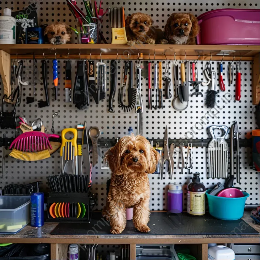 Top-down view of a pet grooming station with combs, brushes, and cute pets - Image 1