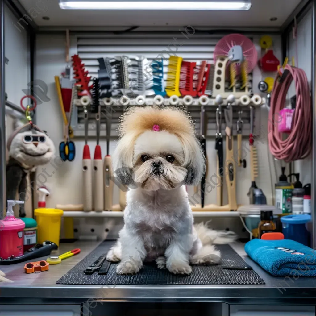 Top-down view of a pet grooming station with combs, brushes, and cute pets - Image 2