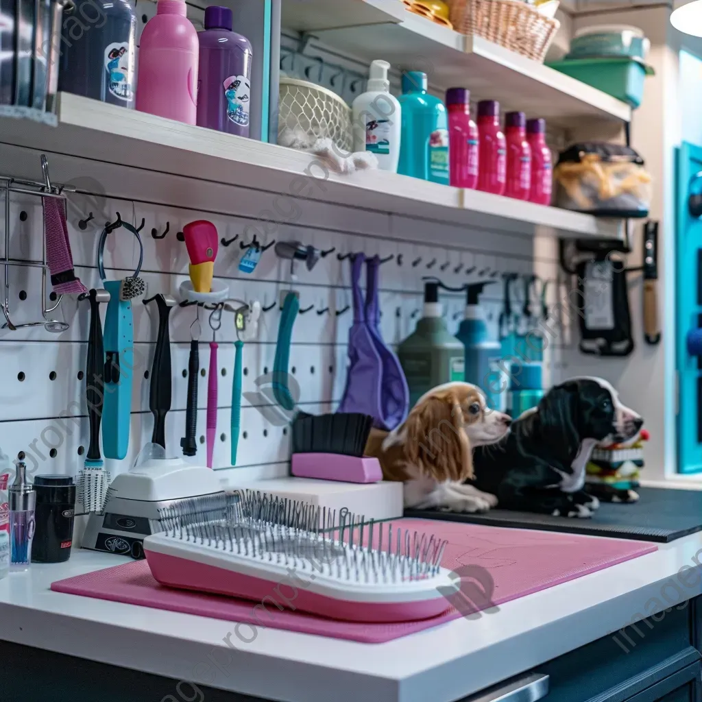 Top-down view of a pet grooming station with combs, brushes, and cute pets - Image 3