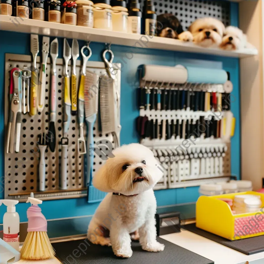 Top-down view of a pet grooming station with combs, brushes, and cute pets - Image 4