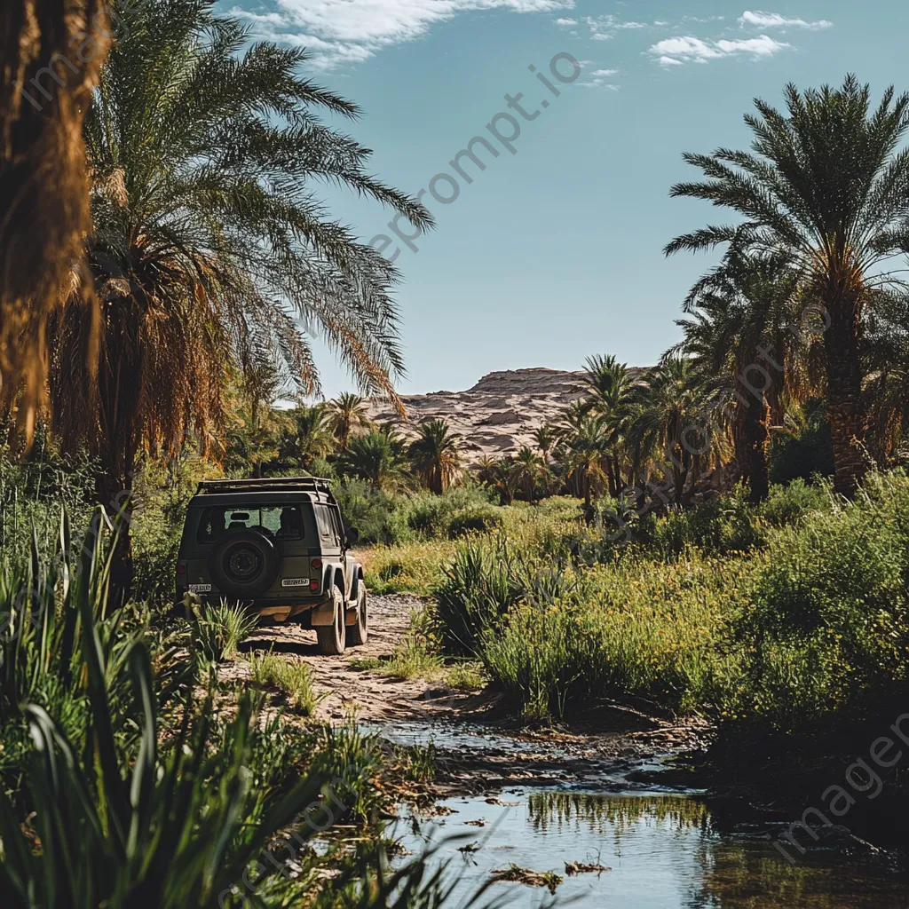 4x4 vehicle parked beside a desert oasis - Image 1