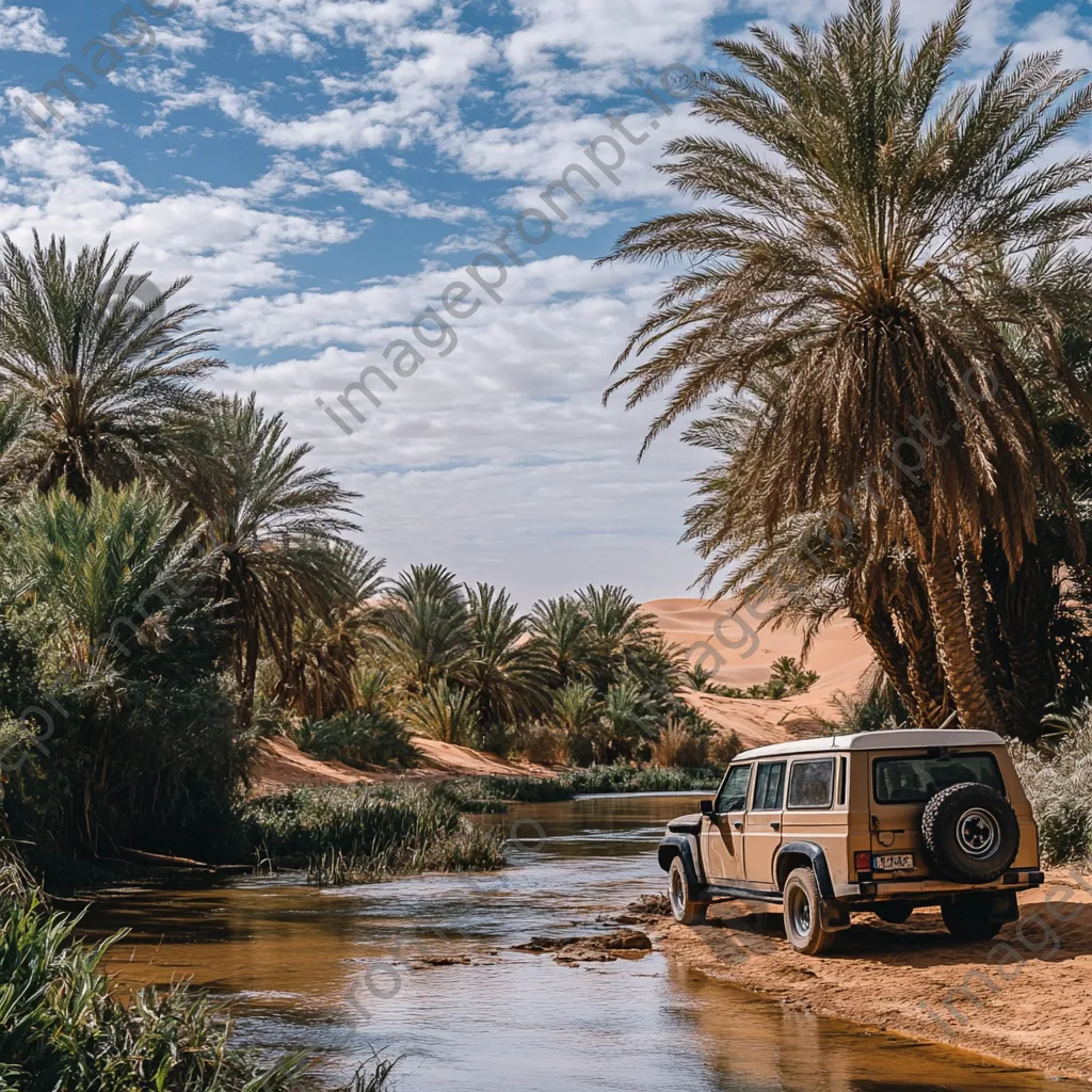 4x4 vehicle parked beside a desert oasis - Image 2