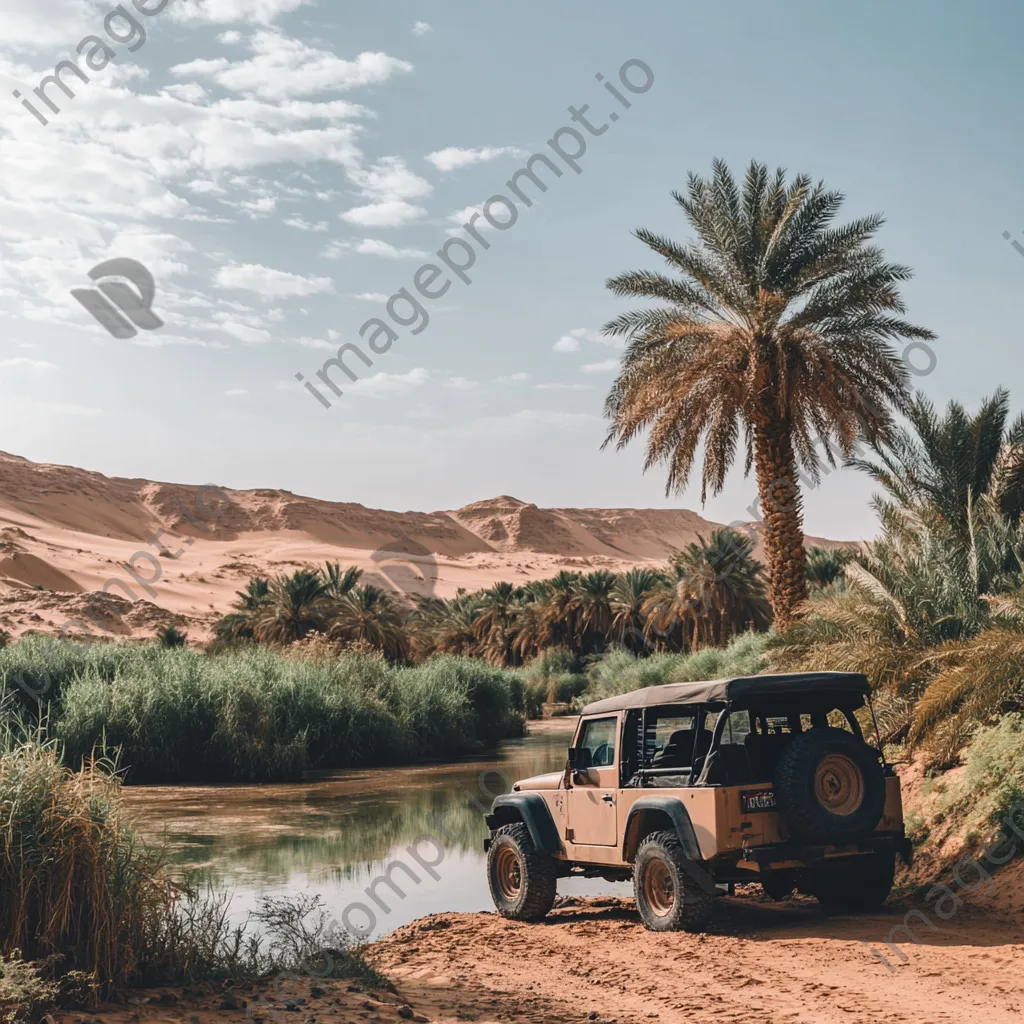 4x4 vehicle parked beside a desert oasis - Image 3