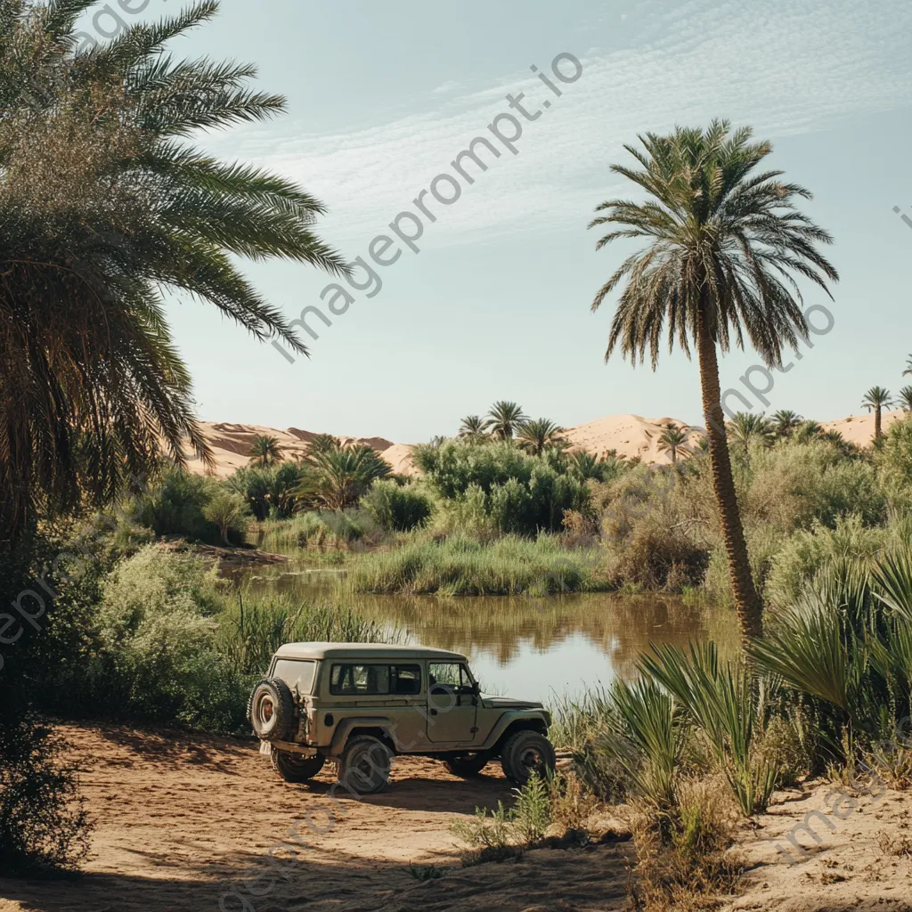 4x4 vehicle parked beside a desert oasis - Image 4