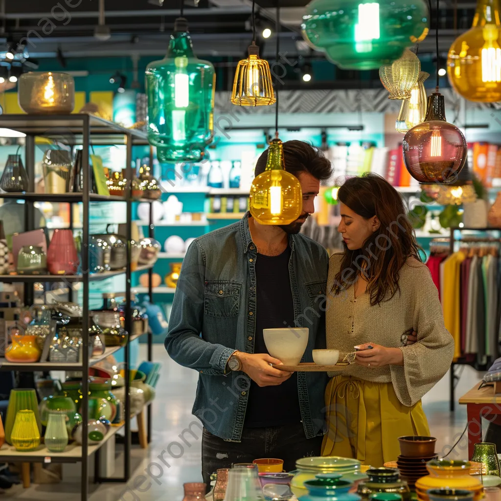 Couple browsing home decor in a colorful store. - Image 2