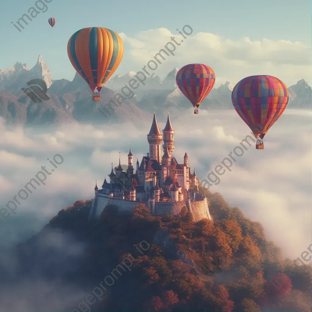 Fantasy castle in the clouds with hot air balloons - Image 1