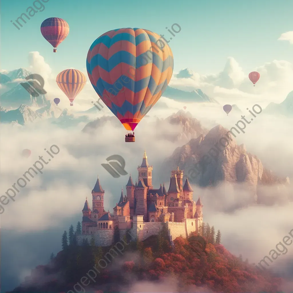 Fantasy castle in the clouds with hot air balloons - Image 2