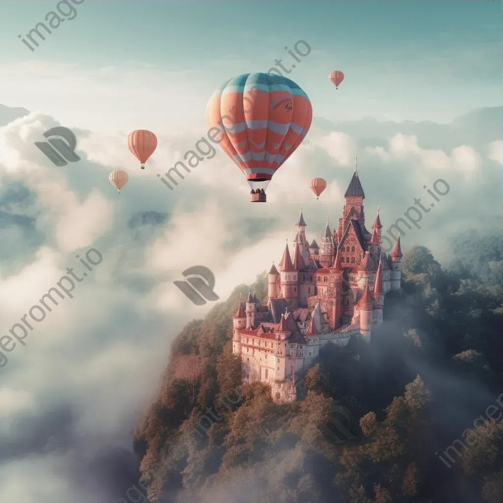 Fantasy castle in the clouds with hot air balloons - Image 3