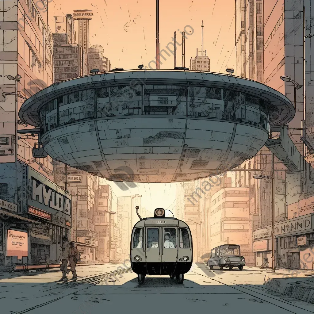 Image of a vintage bus stop with a hovering bus against a futuristic cityscape - Image 1