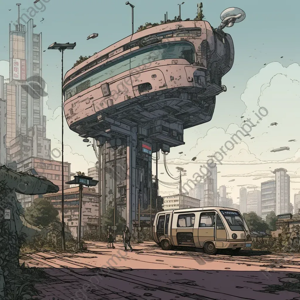Image of a vintage bus stop with a hovering bus against a futuristic cityscape - Image 2