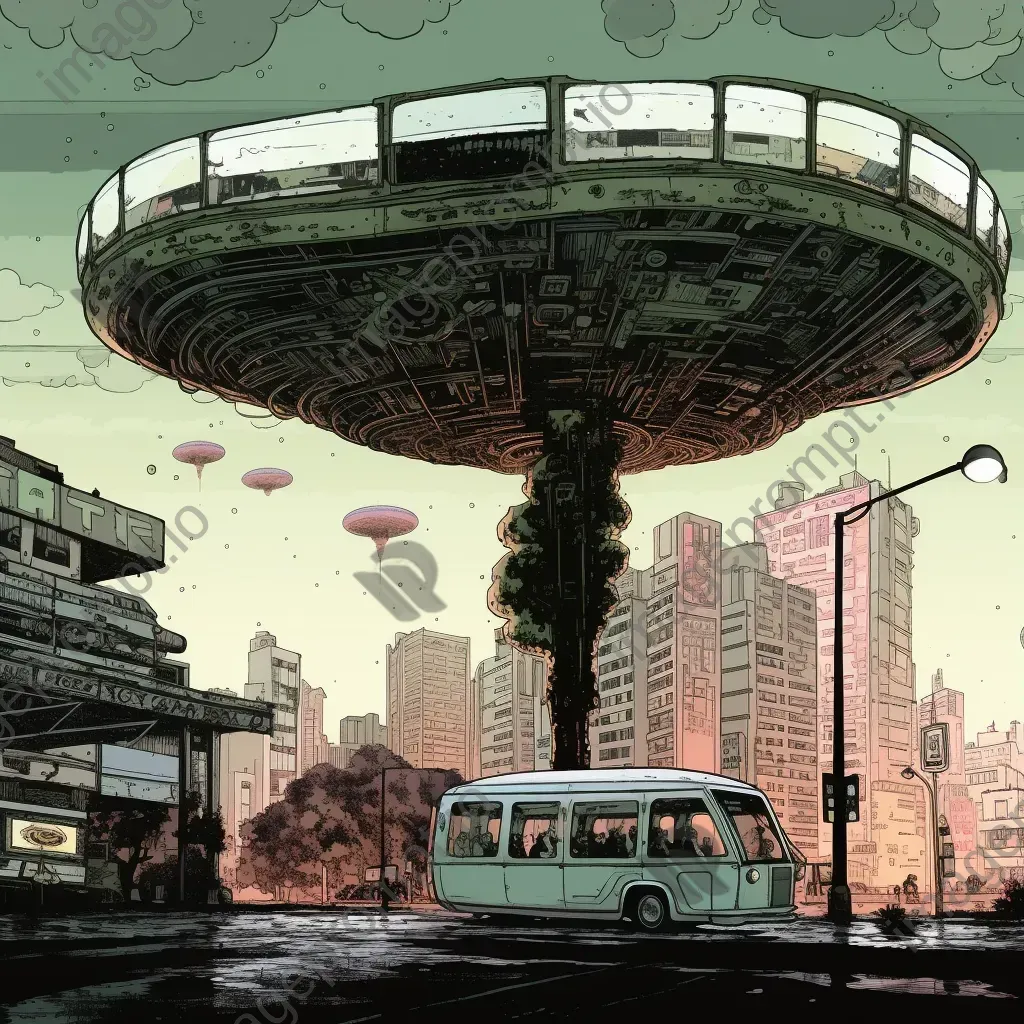 Image of a vintage bus stop with a hovering bus against a futuristic cityscape - Image 3