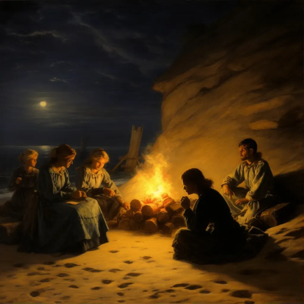 Beach bonfire at night with people gathered around - Image 1