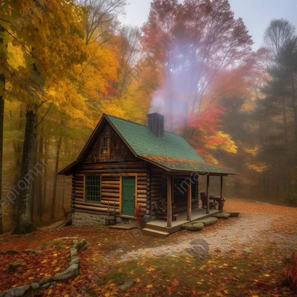 Cozy cabin covered in autumn leaves nestled in the woods - Image 1