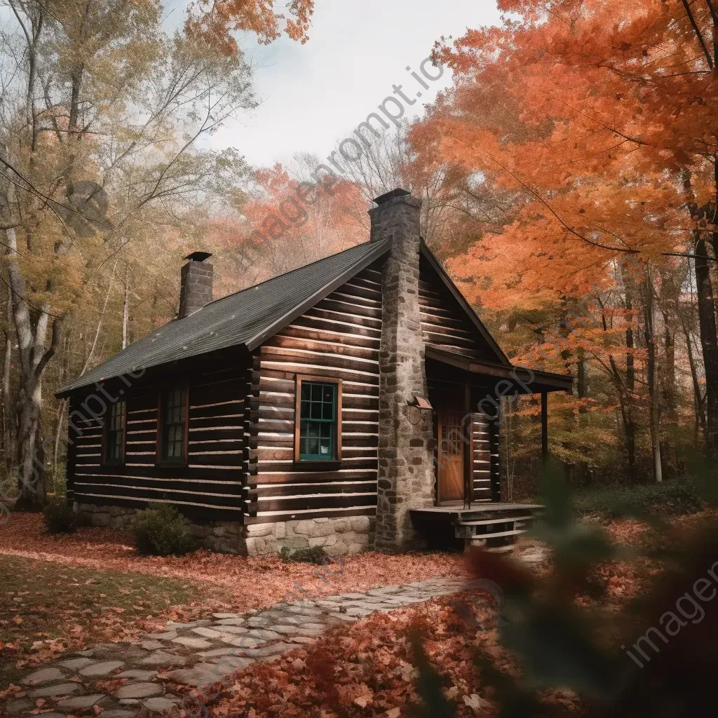 Cozy cabin covered in autumn leaves nestled in the woods - Image 2