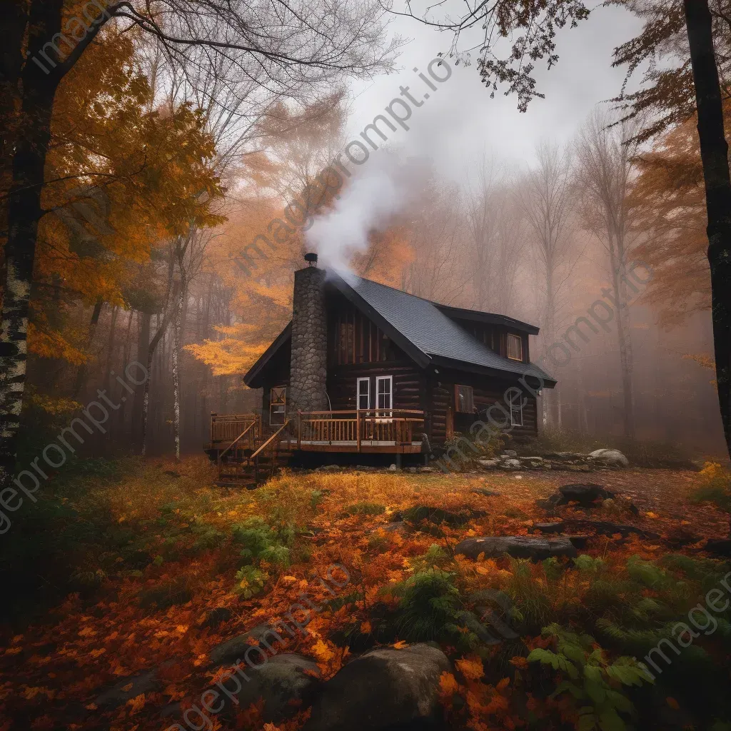 Cozy cabin covered in autumn leaves nestled in the woods - Image 3