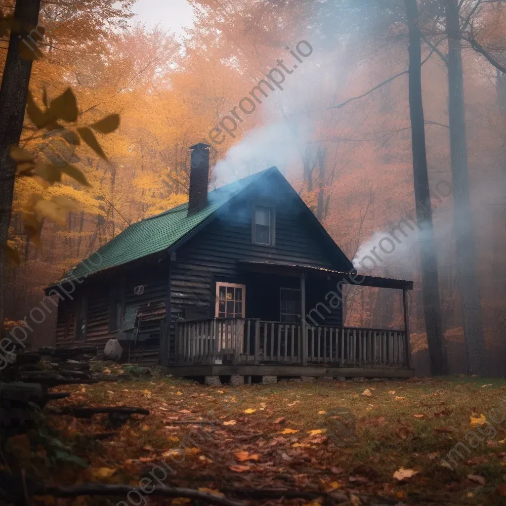 Cozy cabin covered in autumn leaves nestled in the woods - Image 4